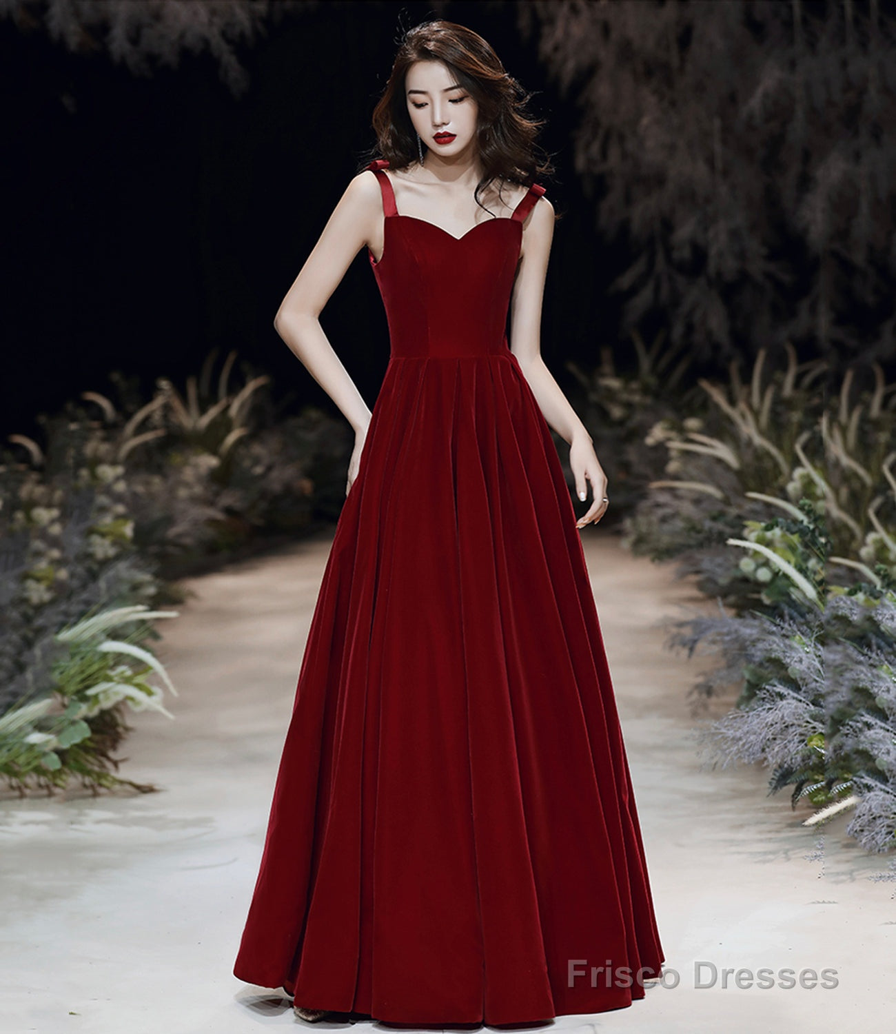 Burgundy velvet long A line prom dress evening dress Main image