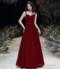 Burgundy velvet long A line prom dress evening dress