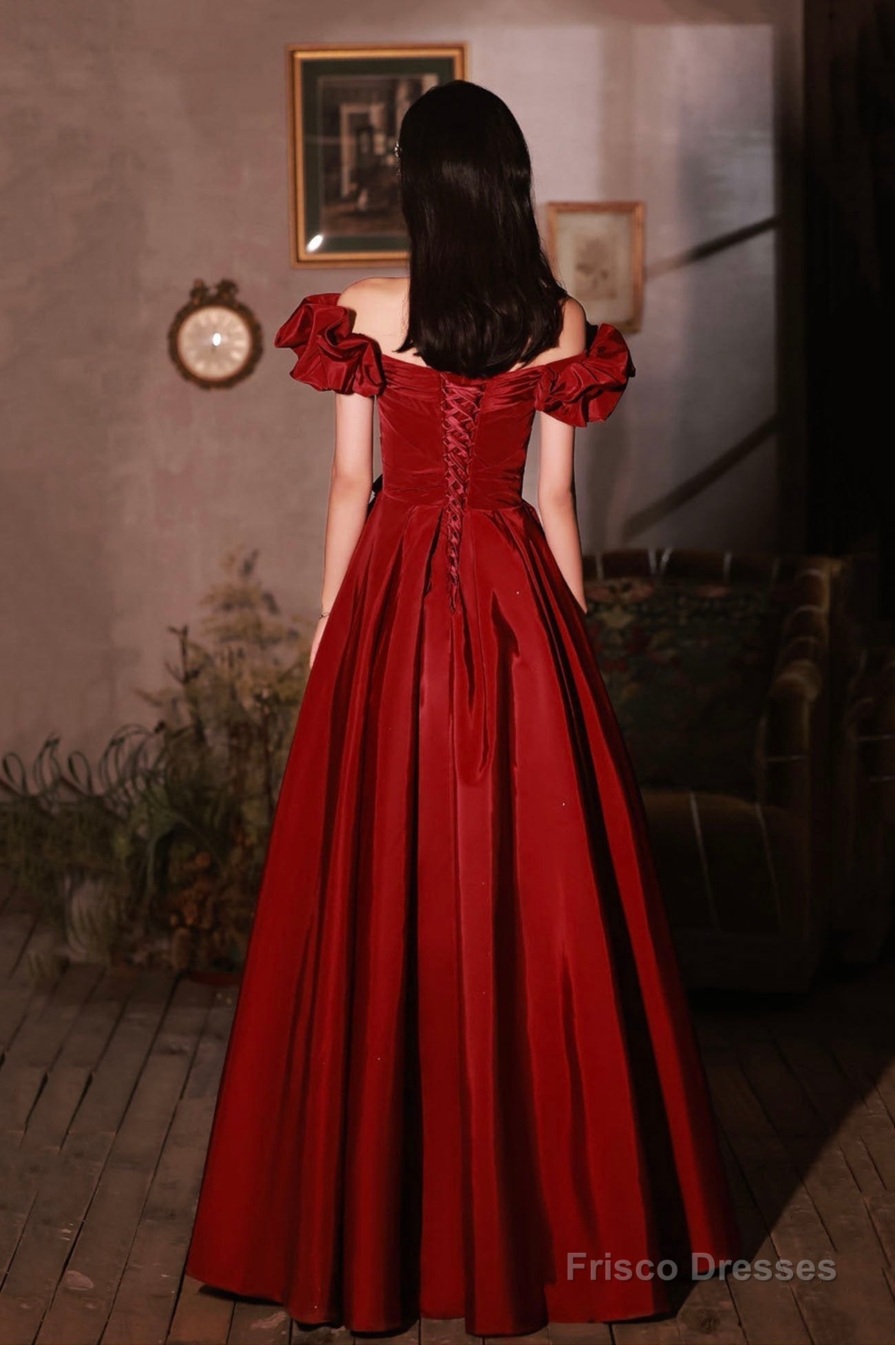 Burgundy satin long prom dress A line evening dress Secondary image