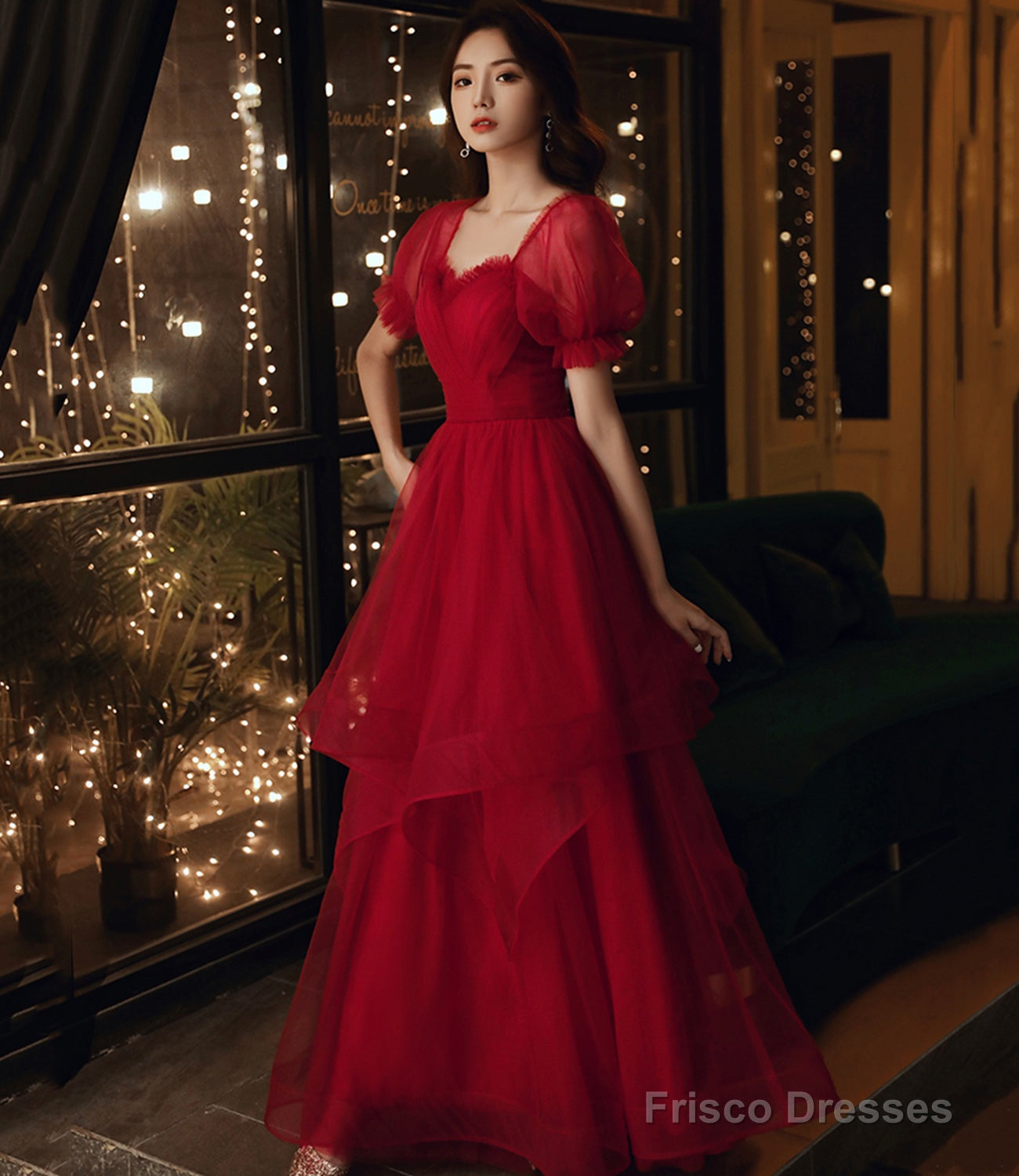 Burgundy tulle long prom dress evening gown
