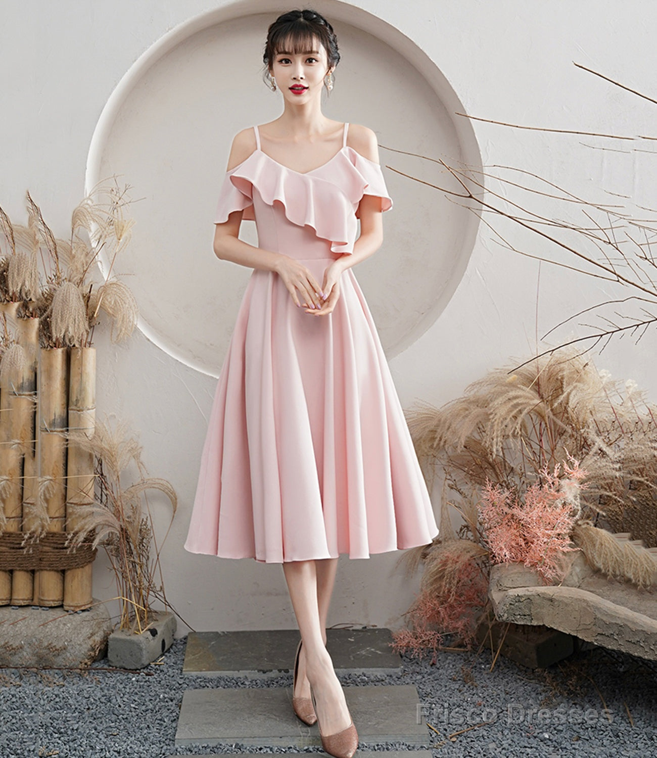 Pink A line short prom dress pink party dress