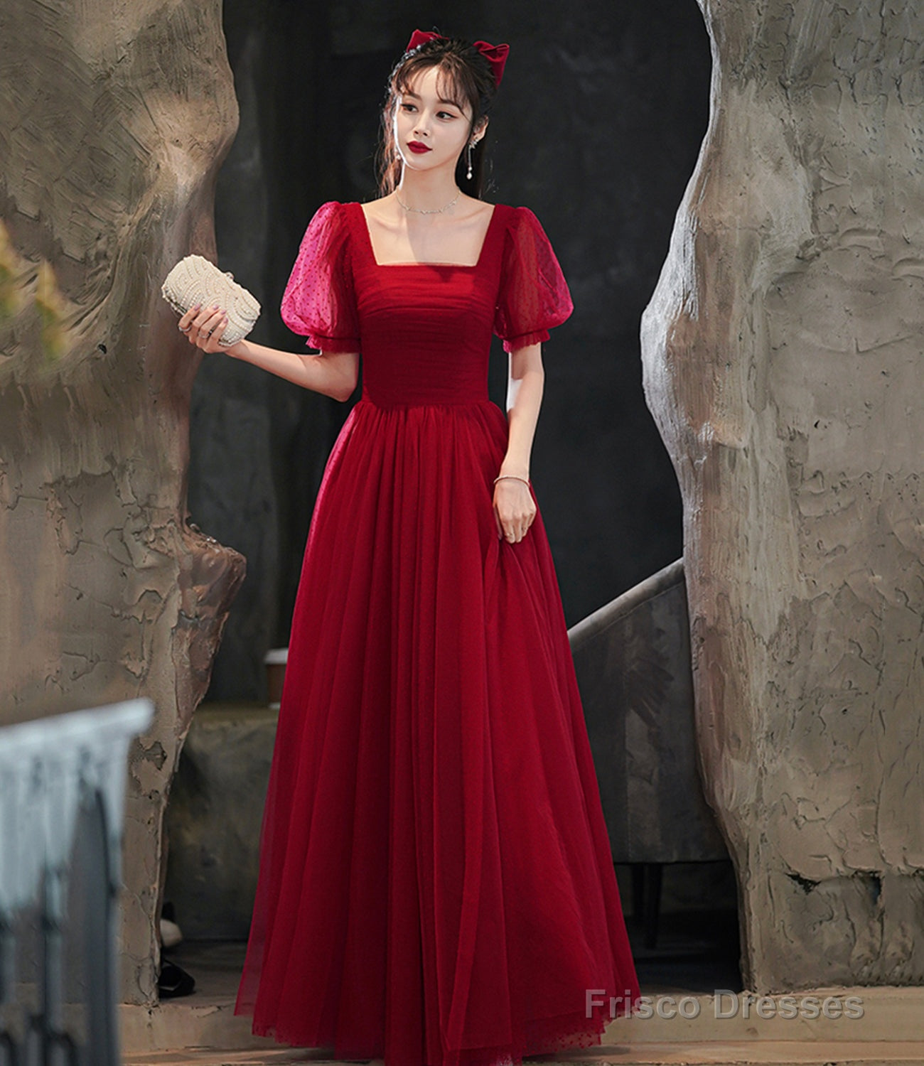 Burgundy tulle long A line prom dress evening dress Secondary image