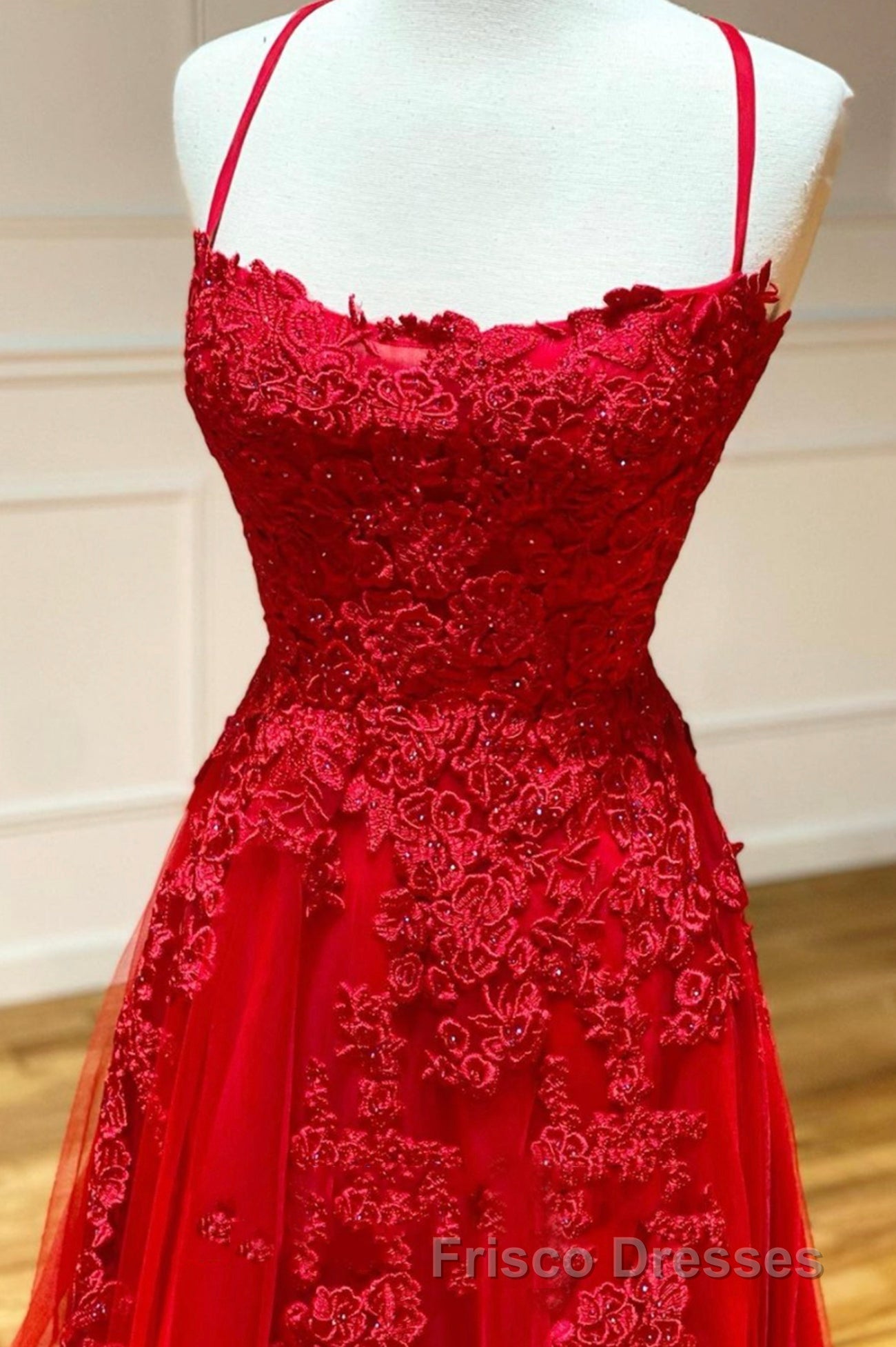 Red Long Formal Prom Dress Chic & Modern Lace Applique Straps Formal Prom Dress