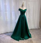 Satin Emerald Green Pleated A-Line Off-shoulder Formal Prom Dress