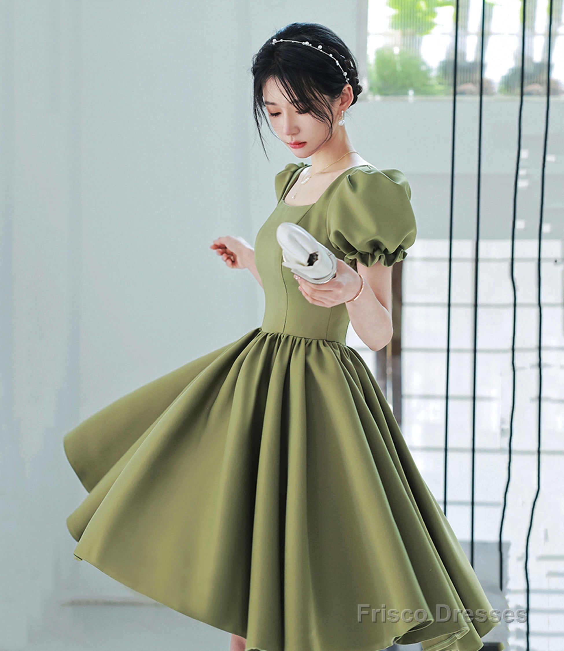 Green satin short prom dress A-line homecoming dress Main image
