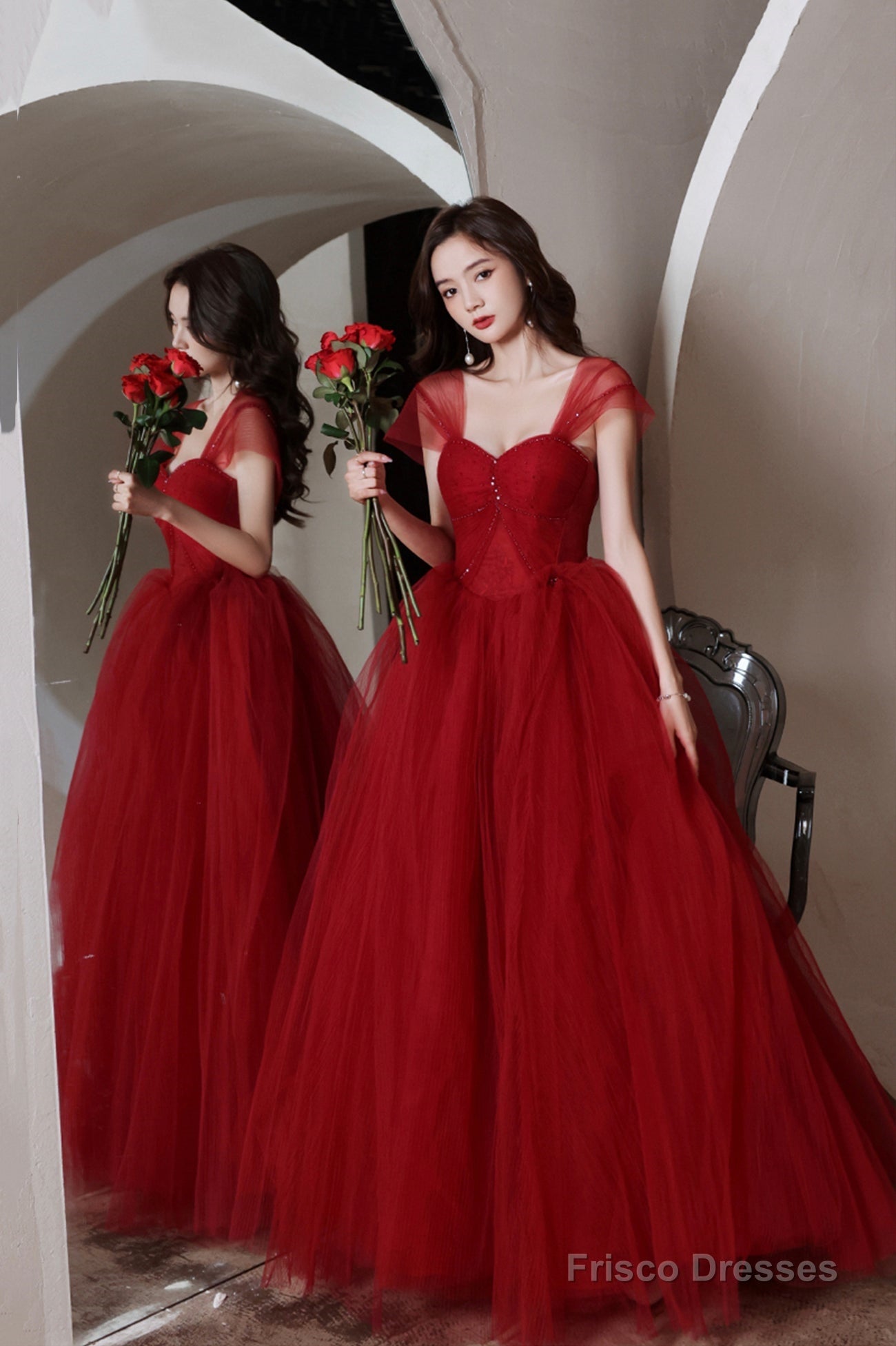 Red tull beads long prom dress A line evening dress Secondary image