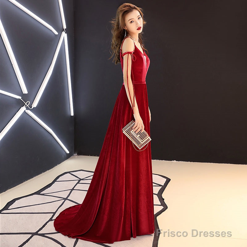 Burgundy v neck velvet long prom dress Secondary image
