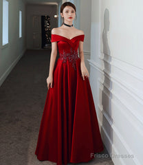 Burgundy satin beads long prom dress evening dress