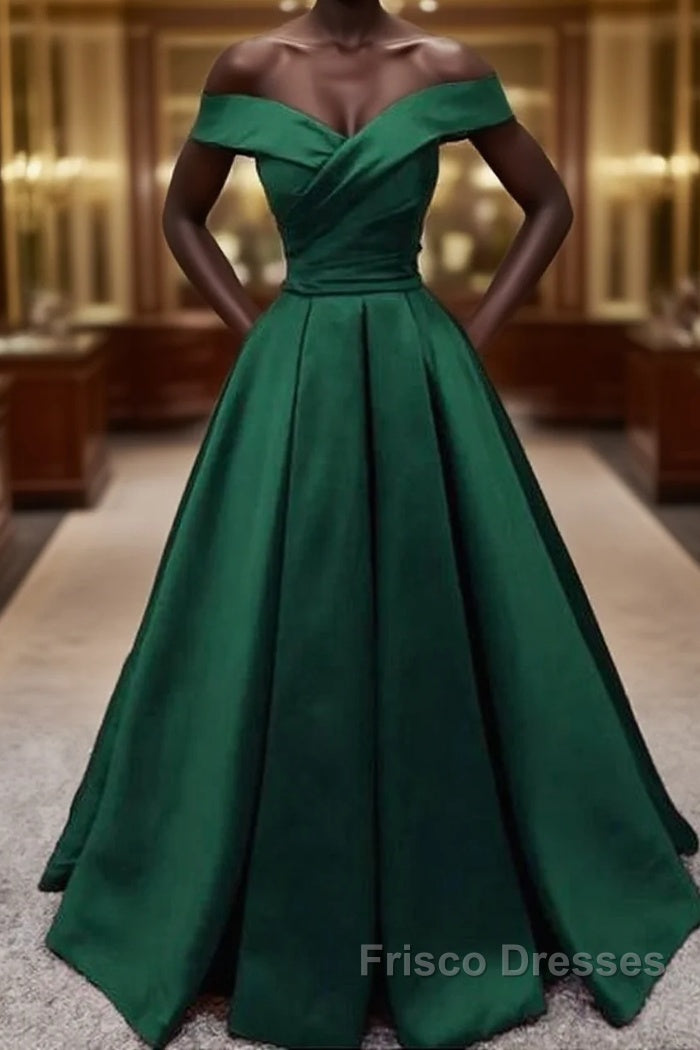 Off Shoulder Emerald Green Long Satin Evening Dress Main image