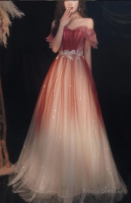 Red Gradient Off the Shoulder Tulle Evening Prom Dress Main image