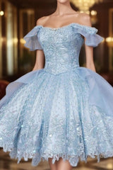 Vintage Blue Lace Homecoming Dress,Off the Shoulder Formal Prom Dress