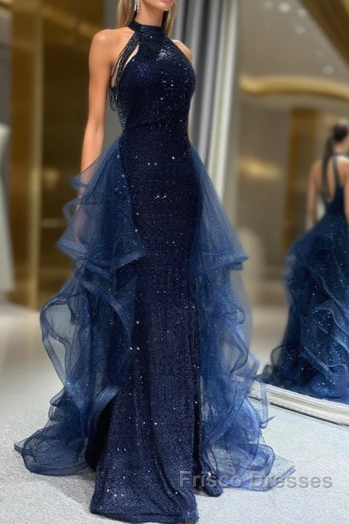 Navy Blue Sequins Long Formal Prom Party Dress