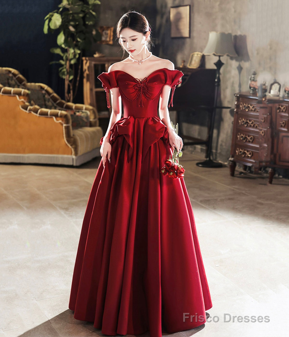 Burgundy Satin Long Prom Dress, Cute A-Line Off Shoulder Evening Dress Main image