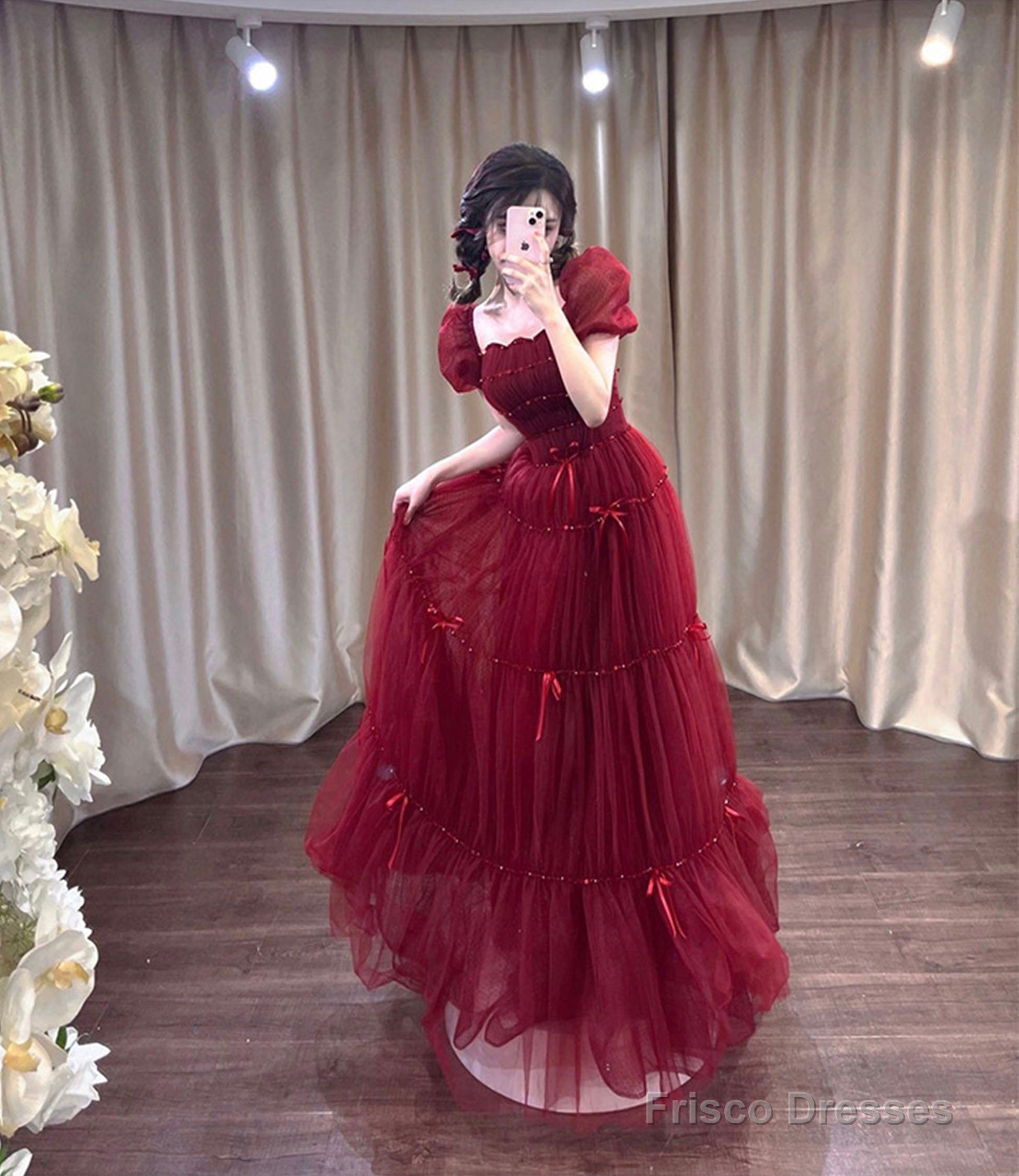 Burgundy tulle sequins long prom dress A-line evening dress Secondary image