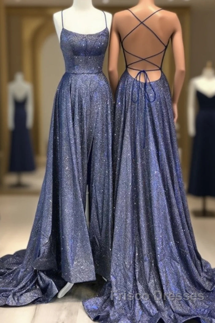 Shiny Navy Blue Sequin A Line Long Formal Prom Dress With Slit