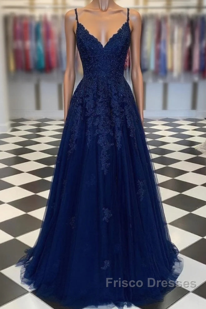 A Line Navy Blue V Neck Lace Formal Prom Dress Main image