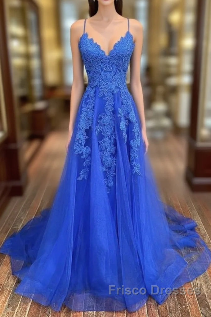 A-line Spaghetti Straps Sweep Train Tulle Formal Prom Dress With Lace Appliqued Main image
