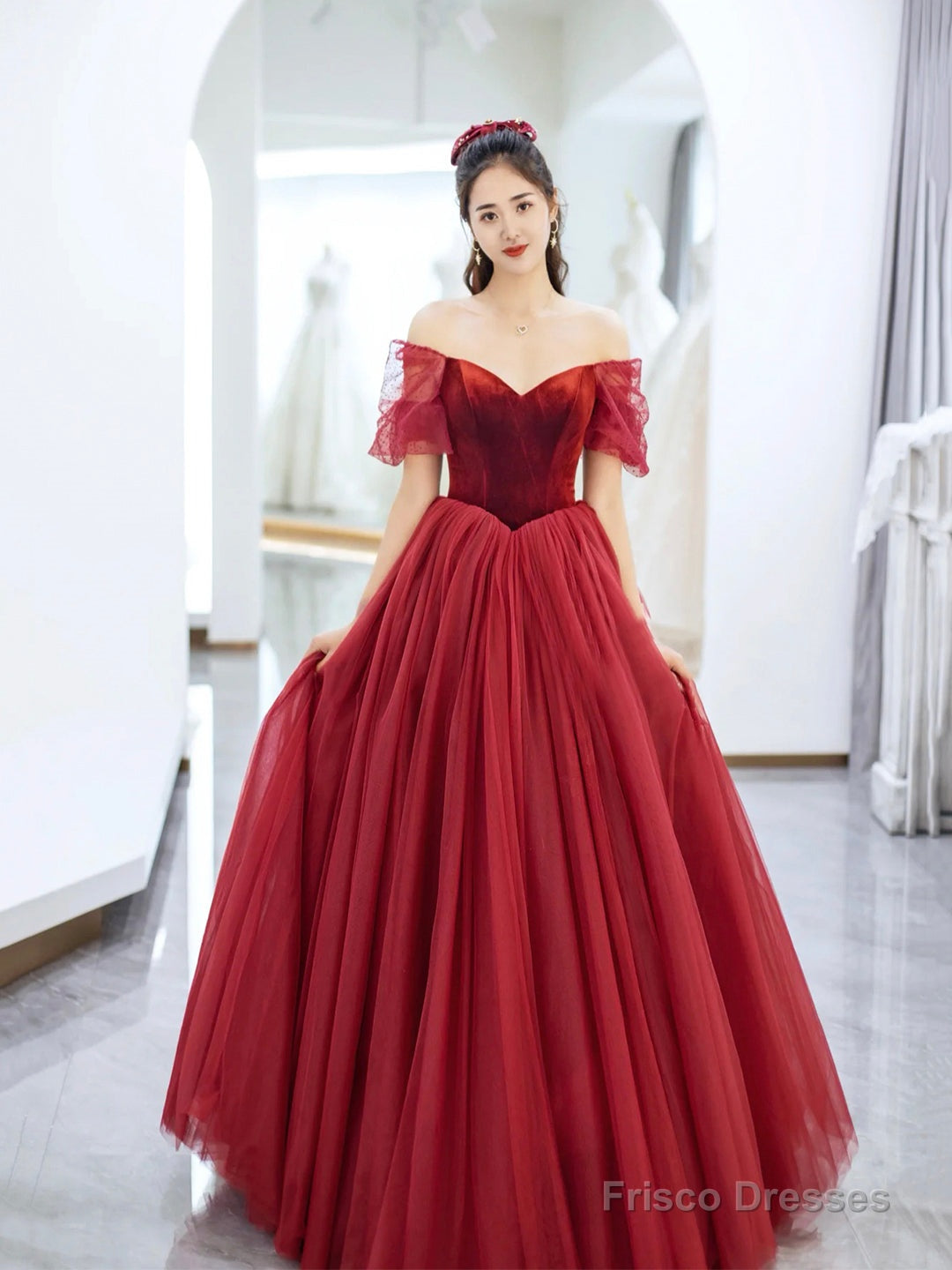Burgundy Velvet and Tulle Long Prom Dress Main image