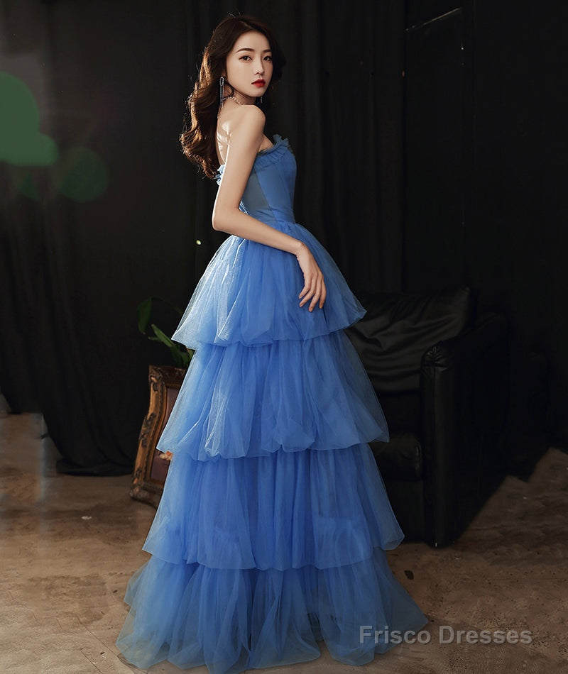 Blue tulle long prom dress blue evening dress