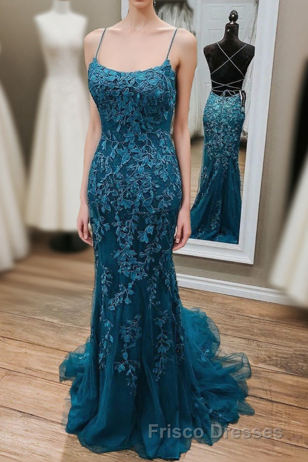Stunning Blue Lace Appliqus Long Formal Prom Dress Main image