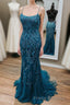 Stunning Blue Lace Appliqus Long Formal Prom Dress