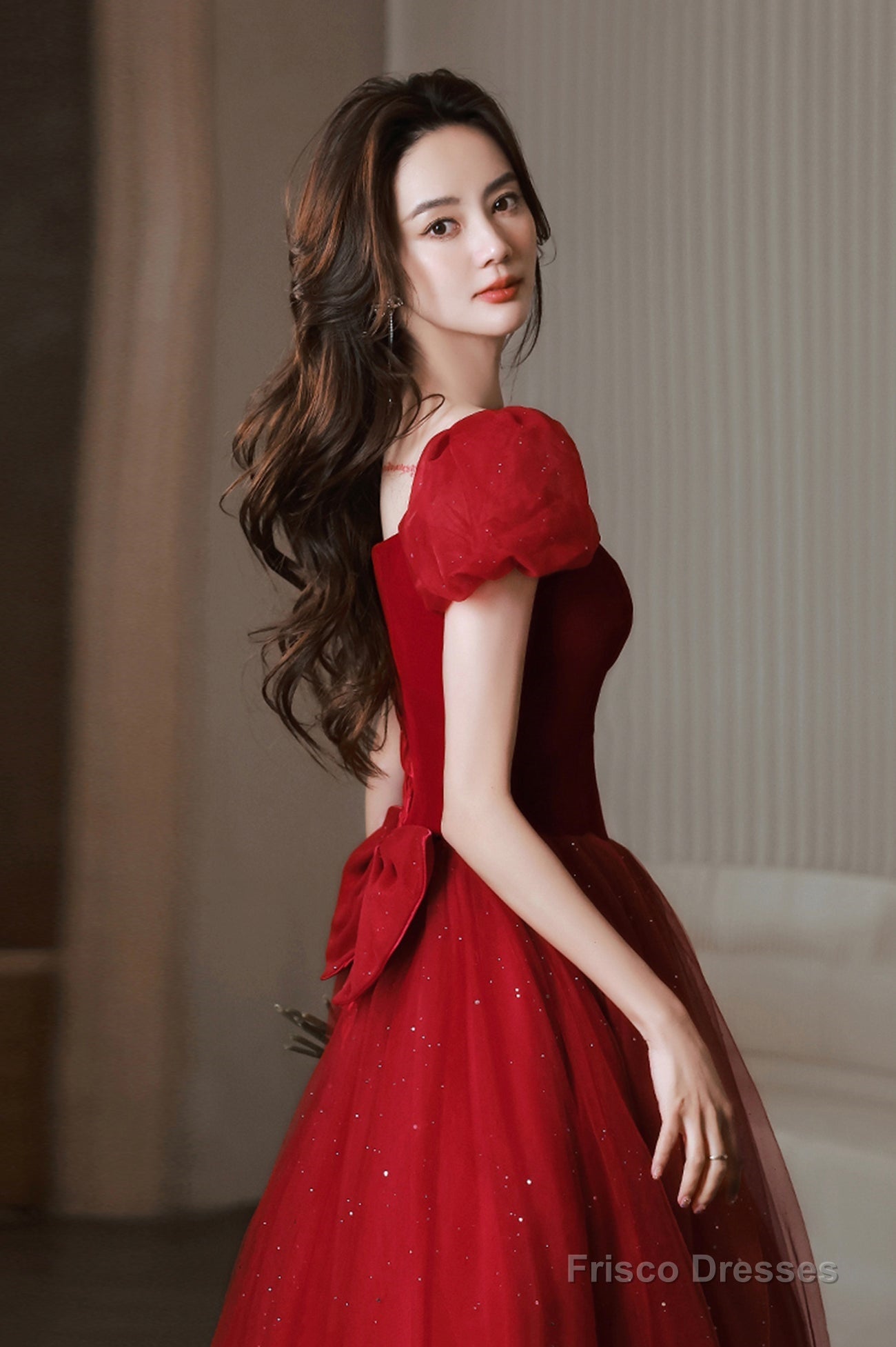 Burgundy velvet tulle long prom dress A line evening dress