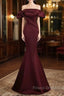 Burgundy Satin Long Formal Prom Dress, Mermaid Off the Shoulder Evening Party Dress