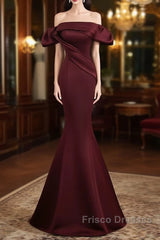 Burgundy Satin Long Formal Prom Dress, Mermaid Off the Shoulder Evening Party Dress