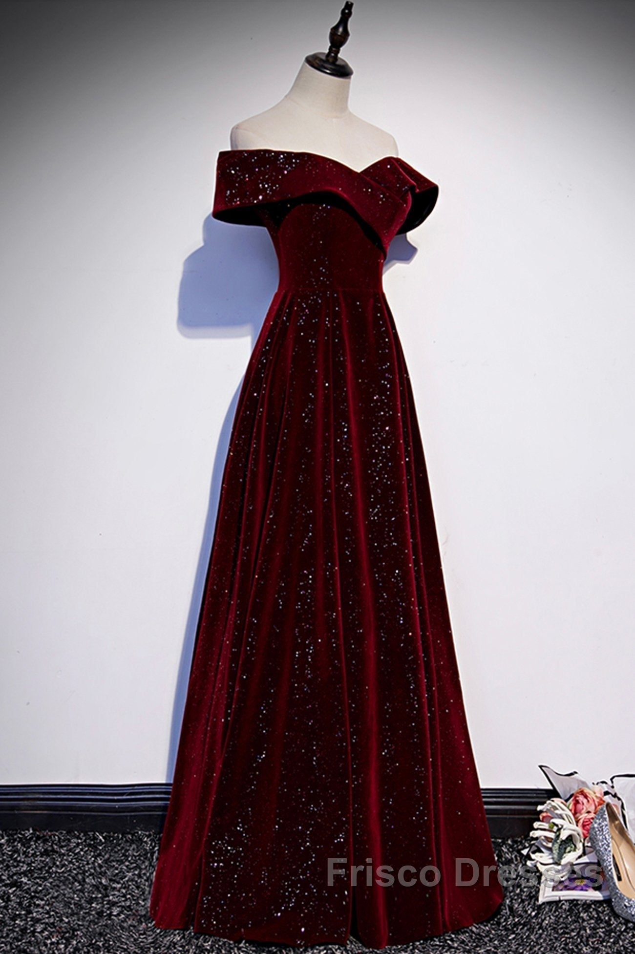 Burgundy velvet long A ling Formal Prom Dress evening Dress Secondary image