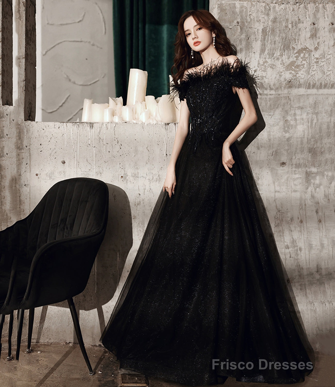 Black tulle beads long A line prom dress evening dress Main image