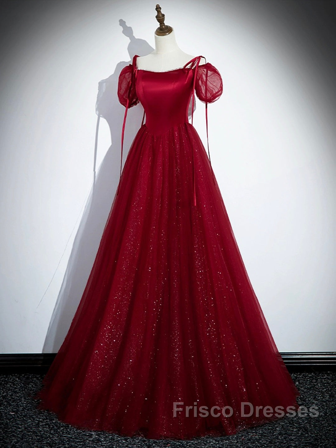 Burgundy Satin Tulle Floor Length Formal Prom Party Dress