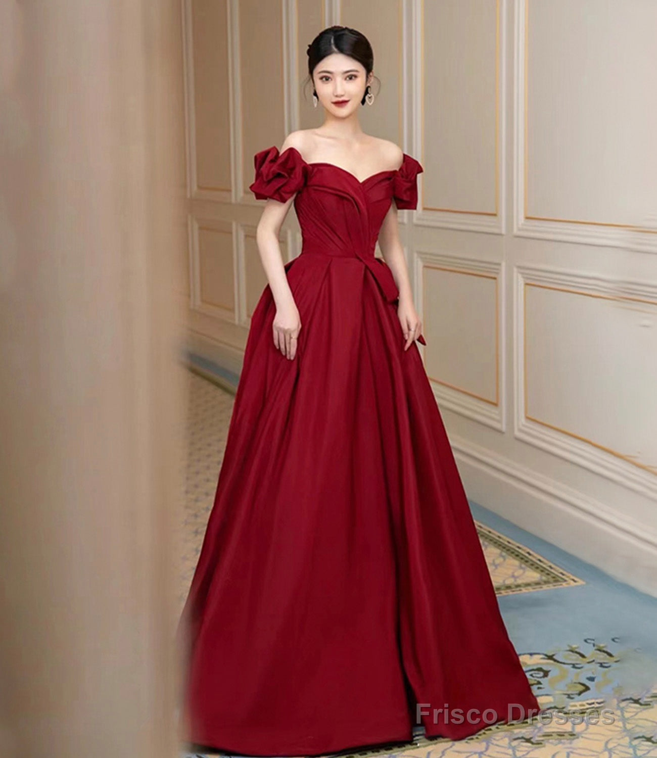 Burgundy satin long prom dress A line evening dress Secondary image