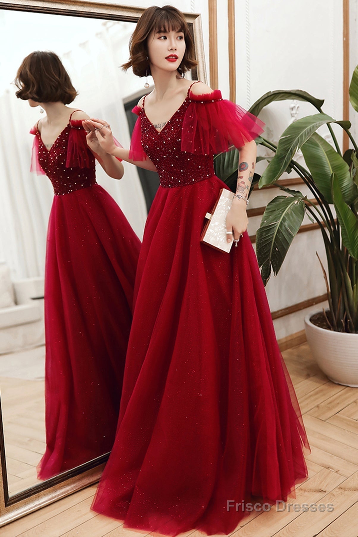 Burgundy tulle beads long A line prom dress evening dress Secondary image