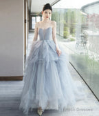 Gray Tulle Spaghetti Strap Long Prom Dress, Gray V-Neck Evening Dress