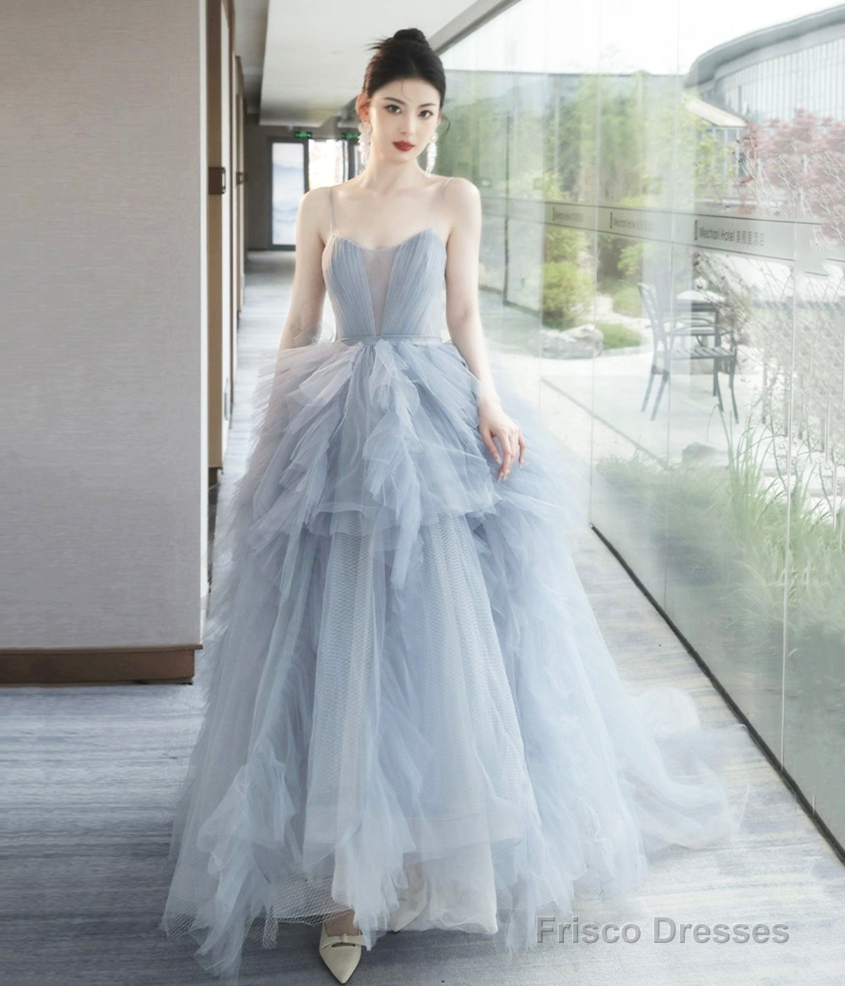 Gray Tulle Spaghetti Strap Long Prom Dress, Gray V-Neck Evening Dress