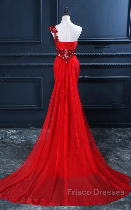 Trumpet Mermaid One Shoulder Chiffon Appliques Lace Beading Red Long Formal Prom Dress Secondary image