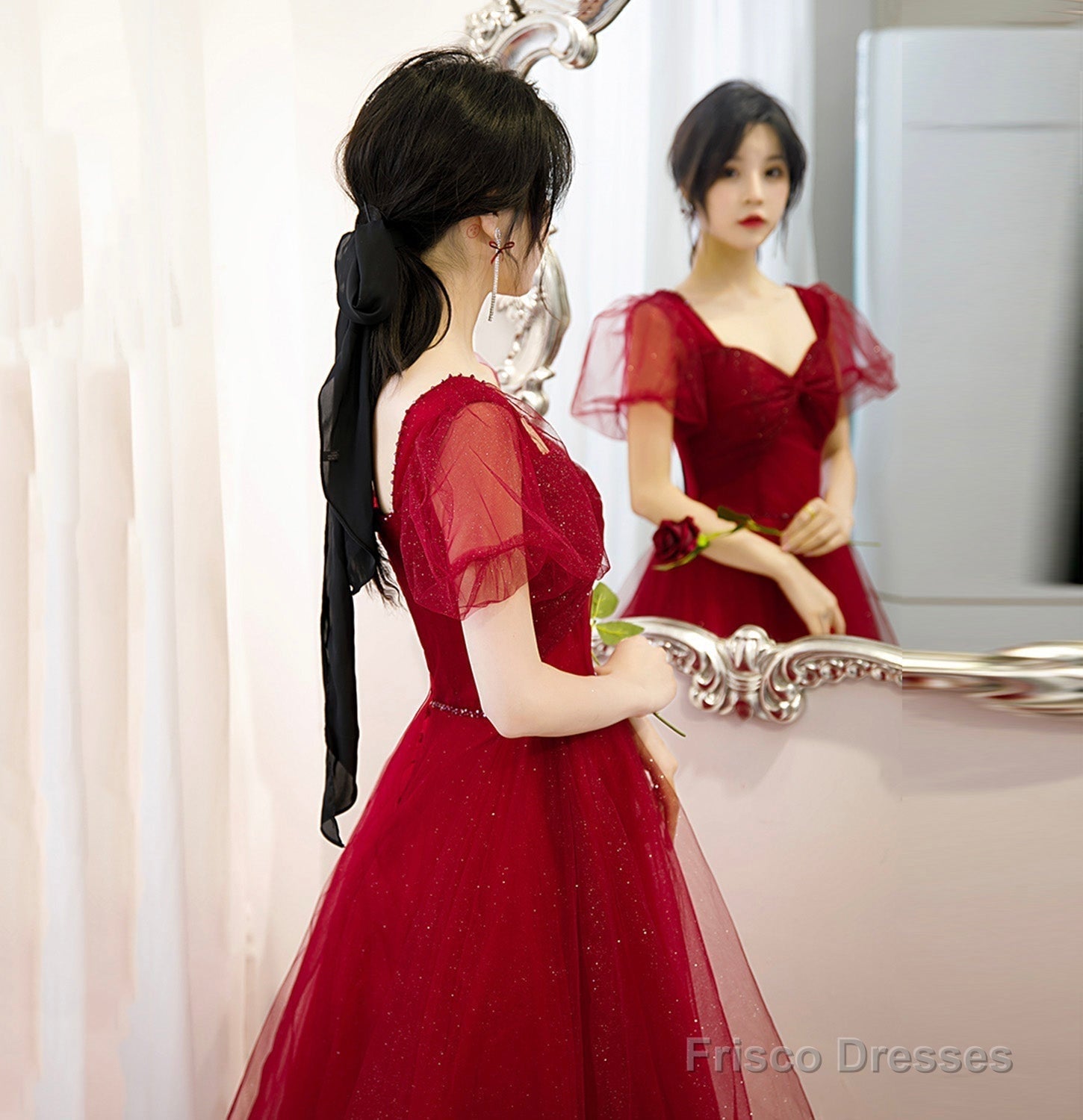 Burgundy tulle long A line prom dress evening gown Secondary image