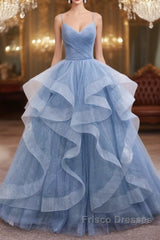 Blue Tulle Long Formal Prom Dress Blue Evening Gown