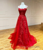 Red Long Formal Prom Dress Chic & Modern Lace Applique Straps Formal Prom Dress