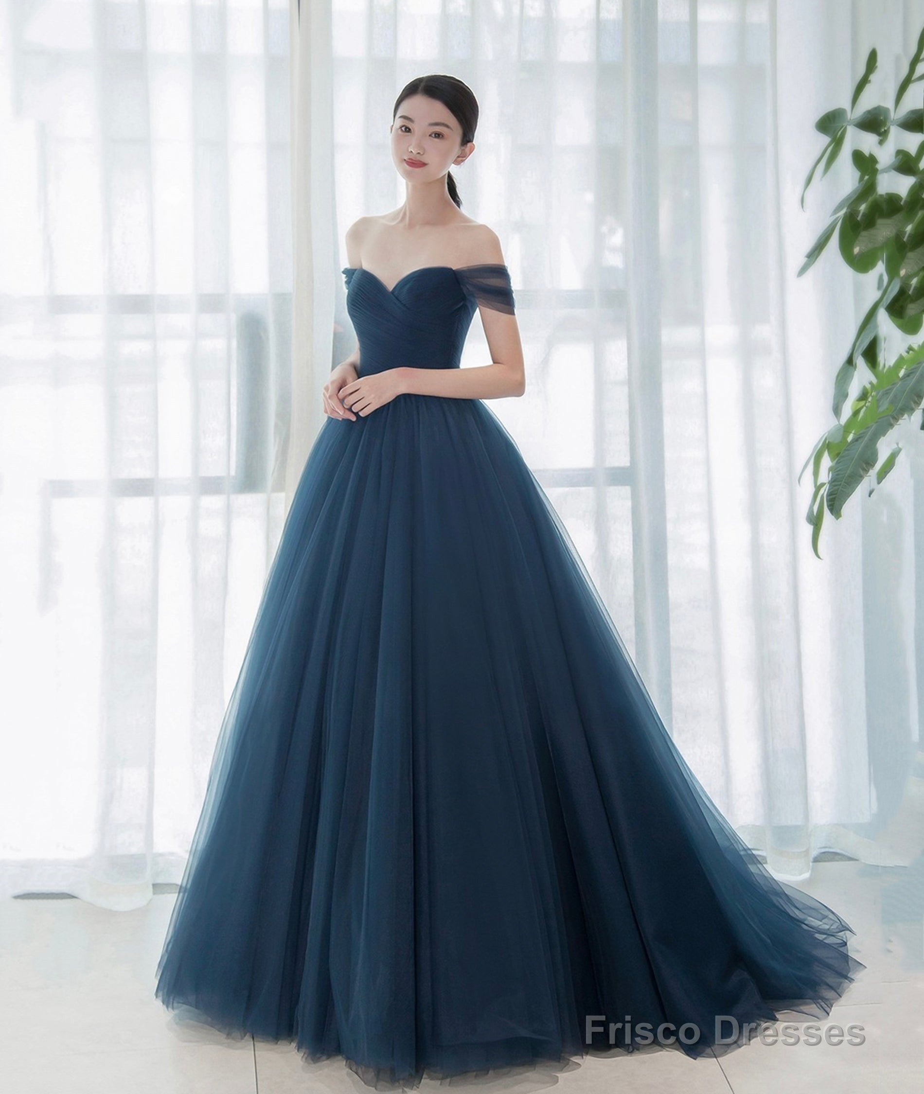 Elegant Tulle Long A-Line Prom Dress, Blue Off the Shoulder Evening Party Dress Secondary image