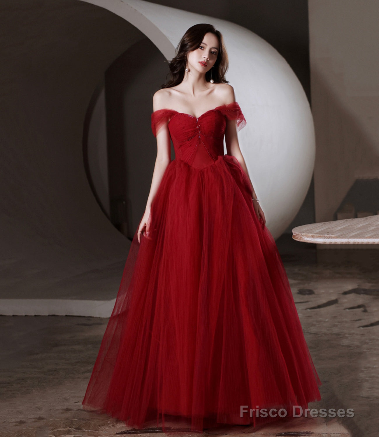 Red tull beads long prom dress A line evening dress Main image