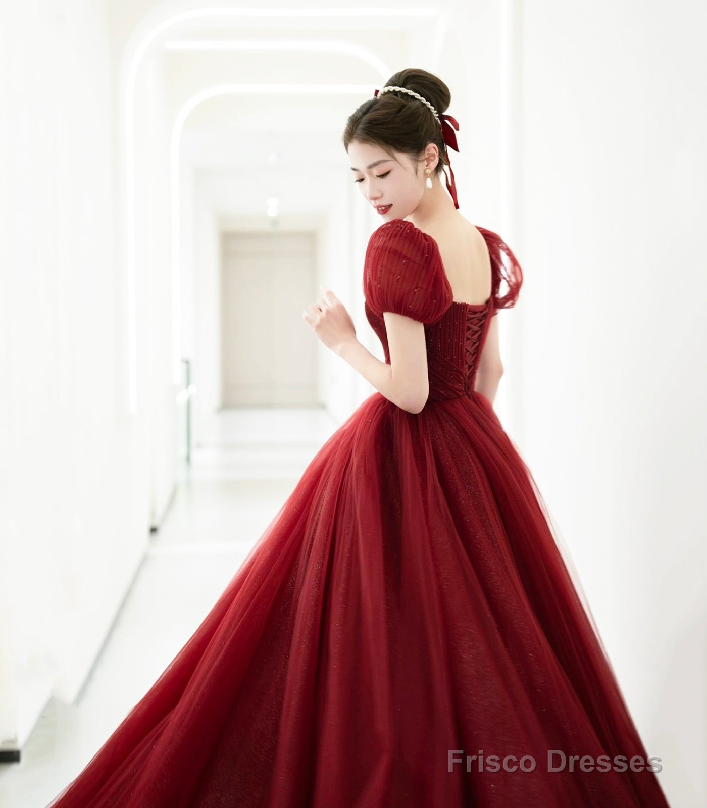 Burgundy Tulle Beaded Long Prom Dress, Beautiful A-Line Evening Party Dress Secondary image