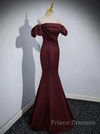 Burgundy Satin Long Formal Prom Dress, Mermaid Off the Shoulder Evening Party Dress