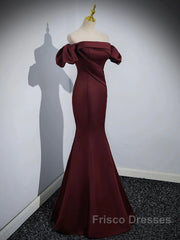 Burgundy Satin Long Formal Prom Dress, Mermaid Off the Shoulder Evening Party Dress