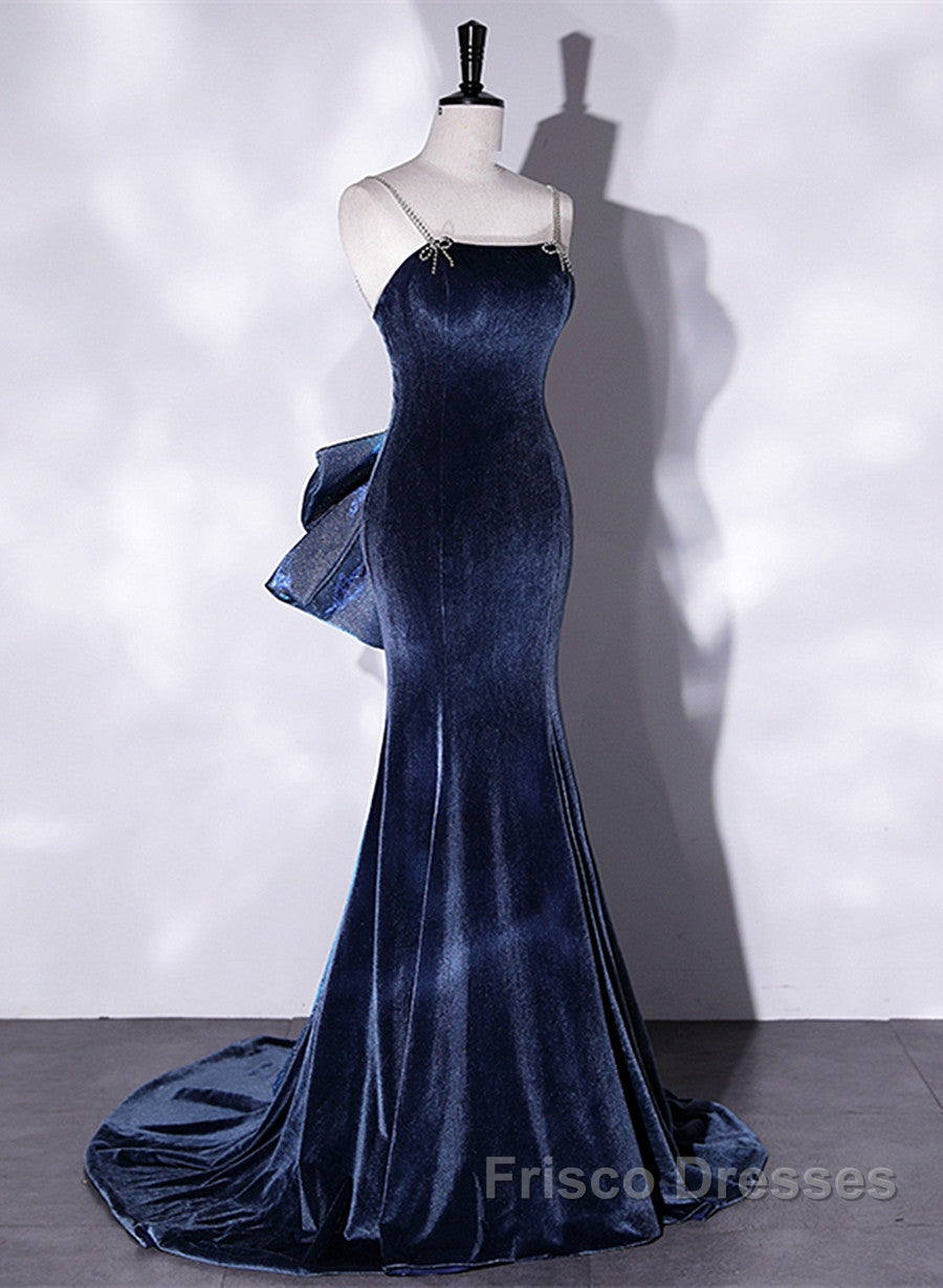 Formal Prom Dress,spaghetti Strap Formal Prom Dress, Blue Evening Dress Velvet Party Dress