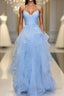 Blue sleeveless Formal Prom Dress,applique spaghetti-straps v-neck evening Dress,tulle lace ruffles party Dress