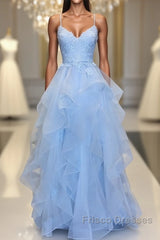 Blue sleeveless Formal Prom Dress,applique spaghetti-straps v-neck evening Dress,tulle lace ruffles party Dress