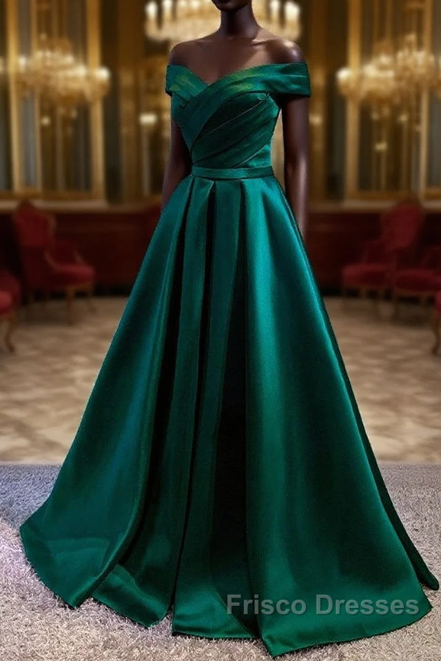 Satin Emerald Green Pleated A-Line Off-shoulder Formal Prom Dress