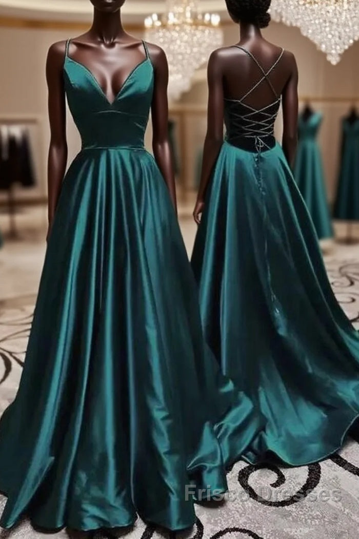 Elegant V Neck Spaghetti Straps A-line Dark Green Formal Prom Dress