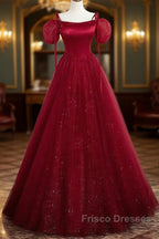 Burgundy Satin Tulle Floor Length Formal Prom Party Dress